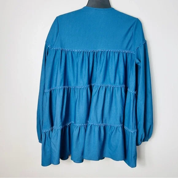 Blue Long Sleeve Ruffle Oversized Tunic Blouse with A marching Crop pants 42 - Picture 9 of 13
